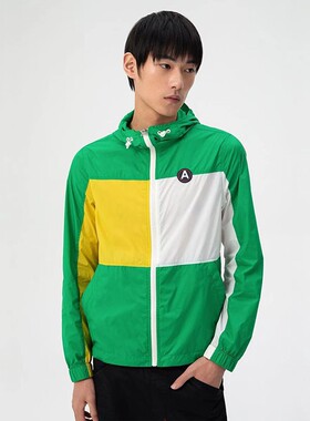 ABLE JEANS春夏连帽薄款便收纳夹克拼色男士外套休闲皮肤衣春装