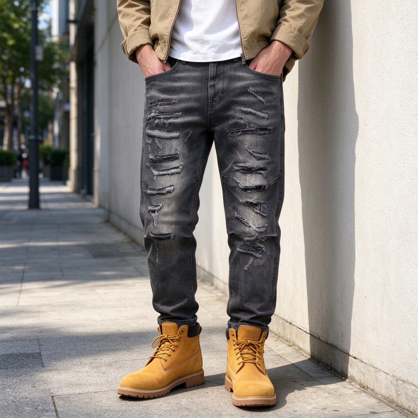 ABLEJEANS男秋冬厚黑破洞锥形裤