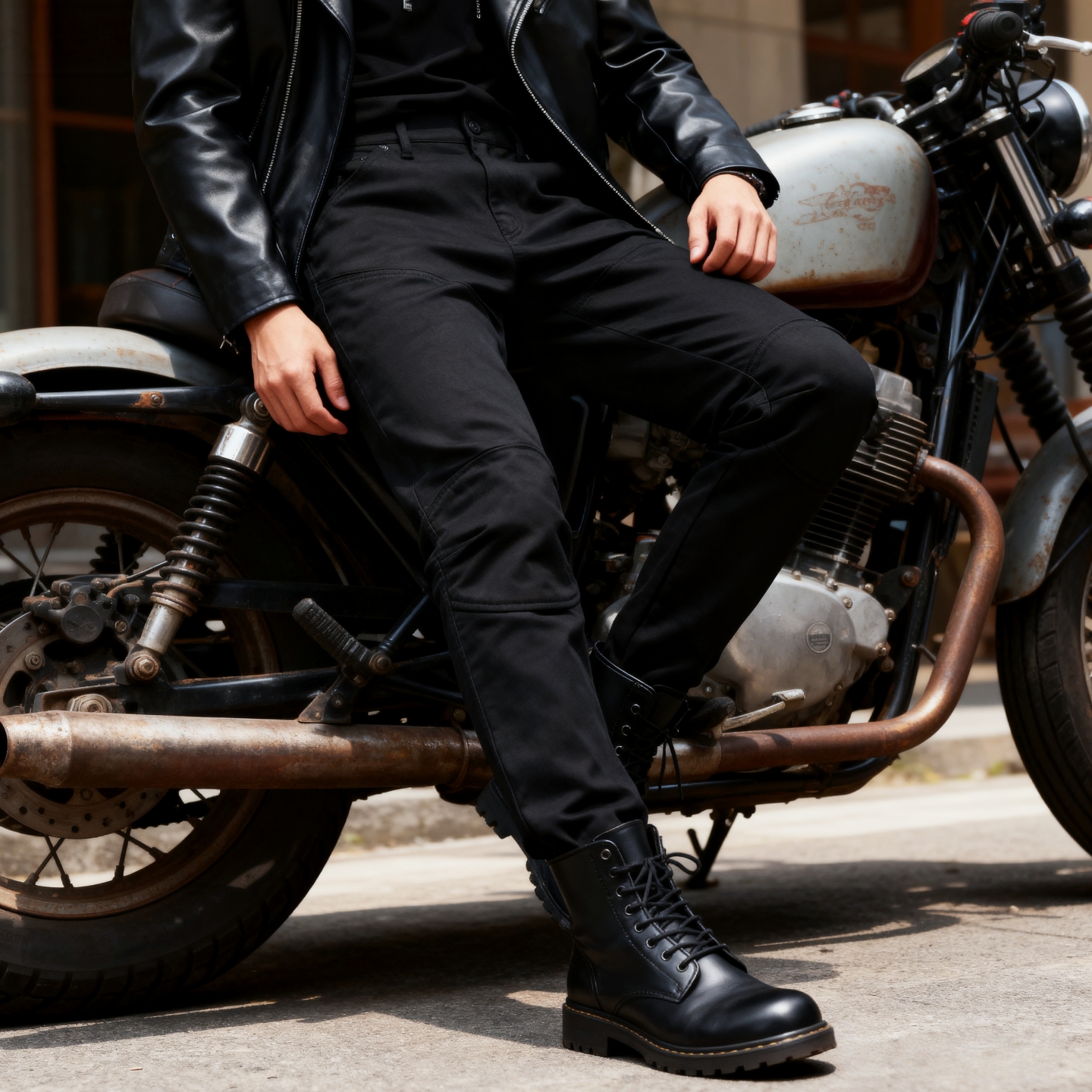 考度拉 机车牛仔裤男黑色显瘦RE立体休闲长裤弹力秋冬战术休闲裤