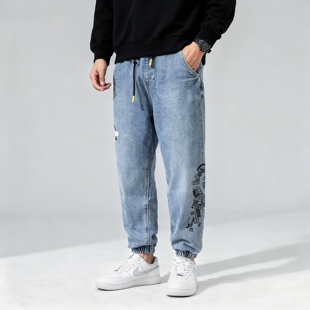 特价 JEANS男女情侣松紧腰运动牛仔裤 束脚九分裤 子 小黄人联名ABLE