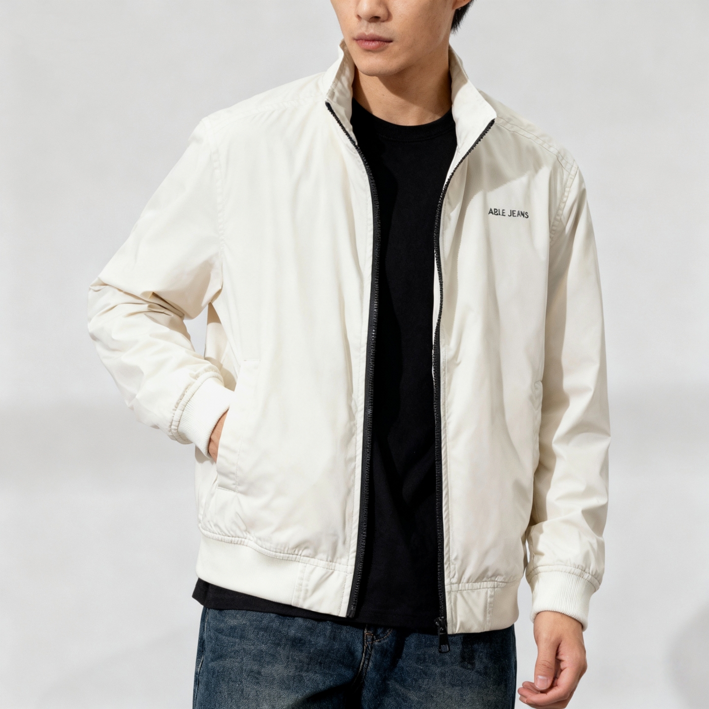 棒球领夹克拉链外套ABLE JEANS男女上衣春秋青年休闲装简约黑白色