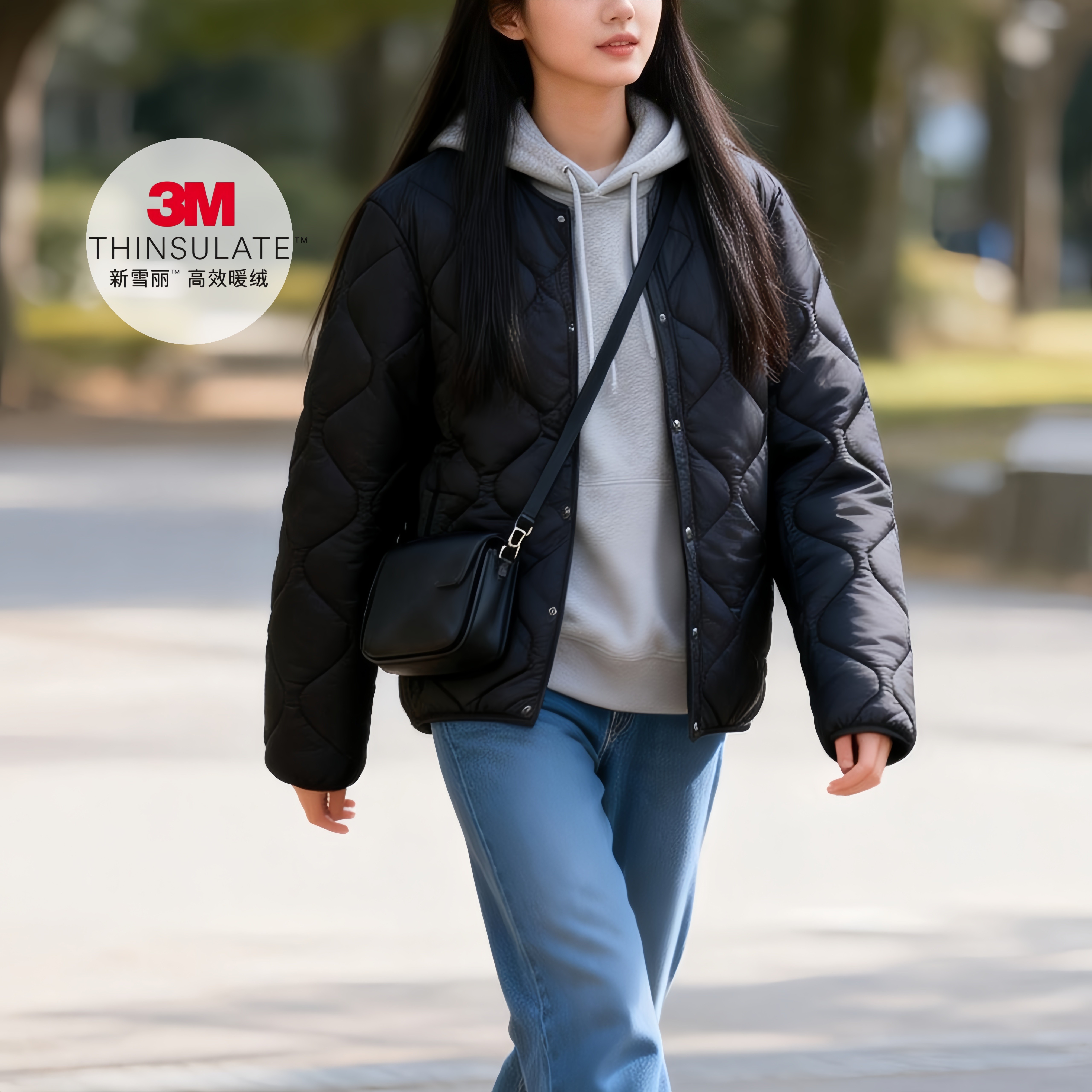 3M新雪丽女棉服RE双面穿蓄热轻薄保暖无领棉衣宽松秋冬绗线女外套
