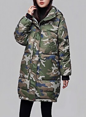 羽绒服【清仓福利】ABLE JEANS女冬季中长款迷彩羽绒衣女连帽外套
