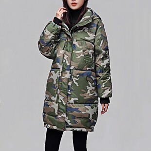羽绒服【清仓福利】ABLE JEANS女冬季中长款迷彩羽绒衣女连帽外套