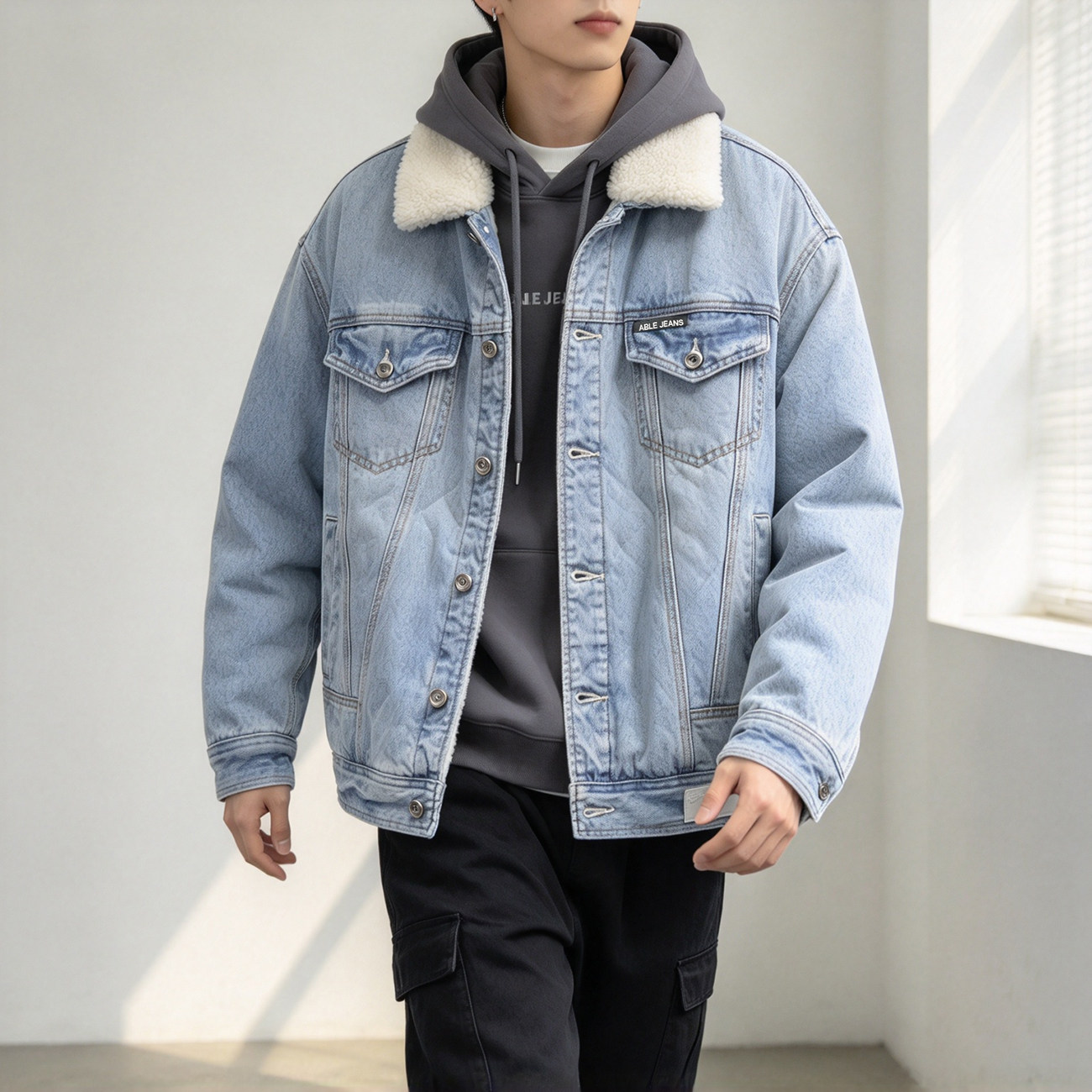 ABLEJEANS男棉服牛仔羊羔绒外套