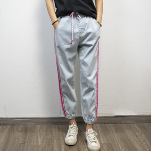 束脚裤 休闲撞色松紧腰运动裤 JEANS潮牌女士春夏酷跑牛仔裤 ABLE