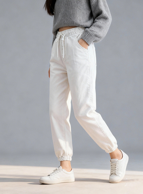 ABLE JEANS白色牛仔裤女式松紧腰束口裤显瘦九分宽松运动束脚裤潮