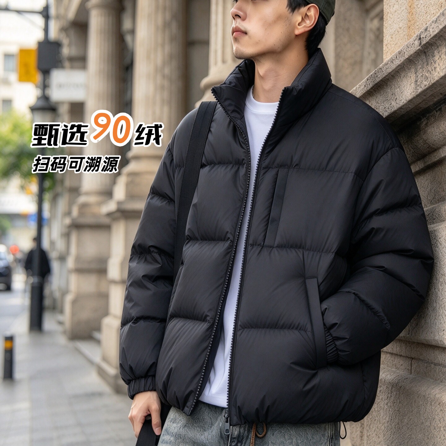 90绒RE冬季新款加厚羽绒服男百搭立领拉链保暖超轻厚款防风黑灰色