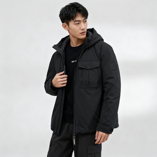 黑色工装羽绒服ABLE JEANS男冬装户外羽绒衣防风多口袋机能男棉服