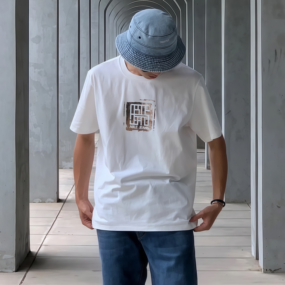 男简约白色T恤中国想象纯棉t恤短袖体恤衫ABLE JEANS印花男体恤衫
