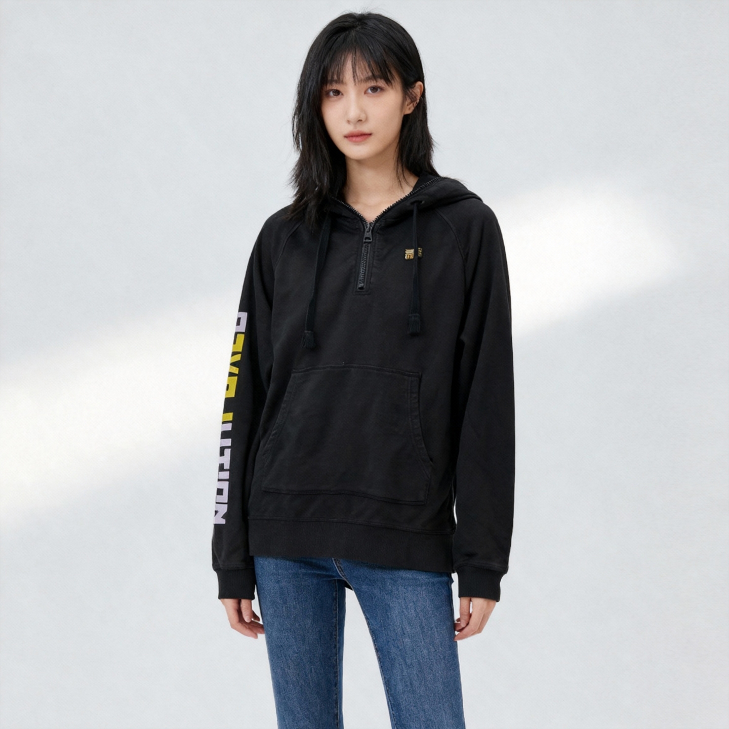 黑牛套头女卫衣针织牛仔帽衫宽松