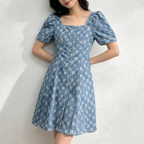 ABLEJEANS复古牛仔泡泡袖连衣裙