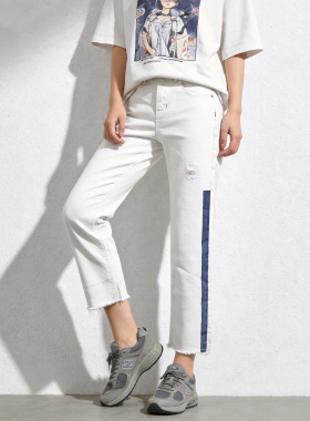 减龄时尚ABLE JEANS白色牛仔裤春夏款女直筒裤休闲高腰弹力九分裤