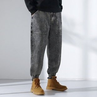 青年潮流休闲裤 秋冬直筒锥形牛仔裤 jeans男松紧腰工装 able 束脚裤