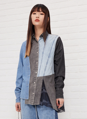 中国想象设计师ABLE JEANS女牛仔衬衫潮流水洗翻领不对称长袖衬衣