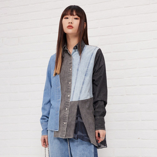 新款女士翻领衬衫不规则下摆衬衣