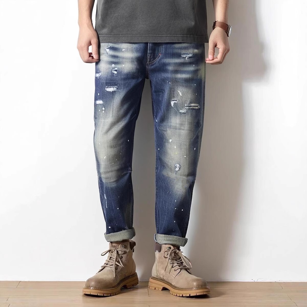 超值牛仔裤复古做旧立体松垮裤able jeans男秋冬牛仔裤弹力锥形裤