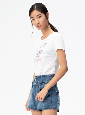 音符印花ABLE JEANS短袖女夏季潮牌新款圆领简约白色街头休闲T恤