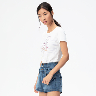 潮牌新款 女夏季 圆领简约白色街头休闲T恤 JEANS短袖 音符印花ABLE