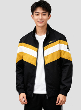 福利ABLE JEANS春秋立领夹克拼色男士外套拉链印花宽松棒球潮流男