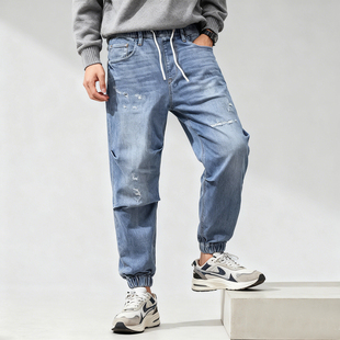 宽松滑板裤ABLE JEANS男裤潮流弹力时尚束脚裤滑板裤松紧腰哈伦裤