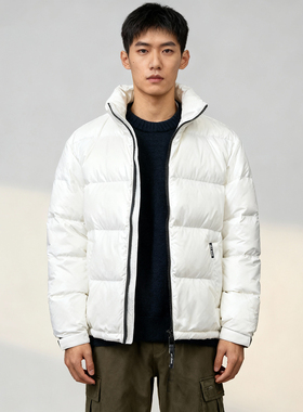 able jeans羽绒服男冬季拉链外套羽绒衣印花白色休闲立领羽绒冬装