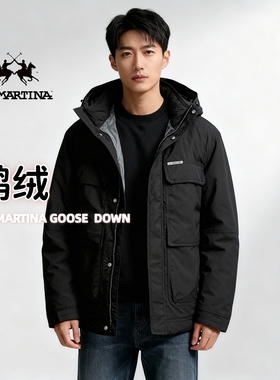 鹅绒LA MARTINA中国专柜男羽绒服黑色冬季外套连帽连帽冬上衣休闲