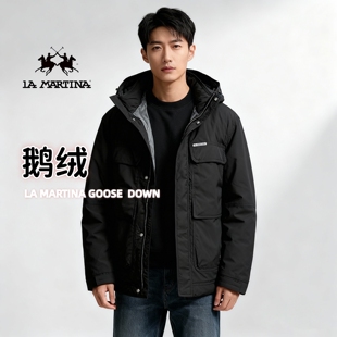 鹅绒LA MARTINA中国专柜男羽绒服黑色冬季外套连帽连帽冬上衣休闲