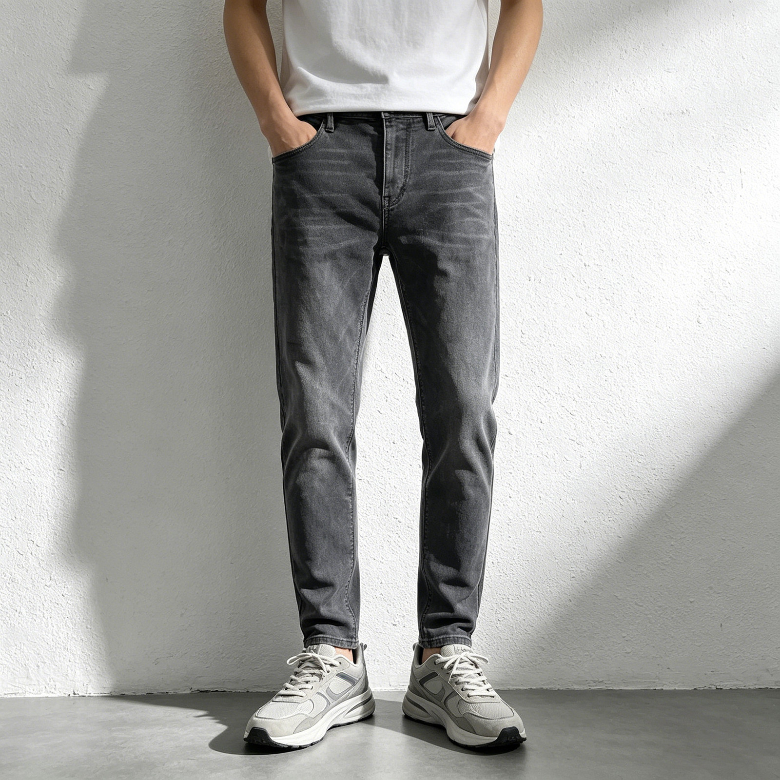 新款ABLE JEANS牛仔裤男黑灰色修身弹力小脚裤潮牌休闲显瘦男长裤