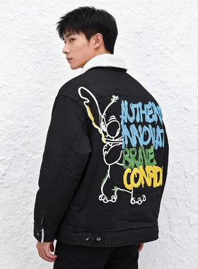 史迪奇联名ABLE JEANS棉服男女黑色牛仔羊羔绒冬季外套刺绣厚棉衣