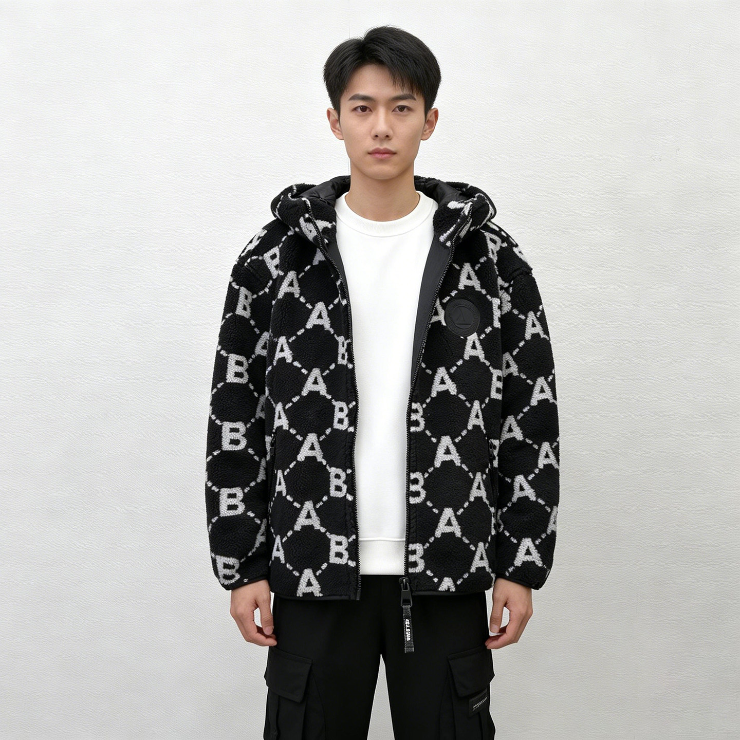 【仅2件】ABLE JEANS棉服男羊羔绒老花连帽棉衣加绒老钱风男外套