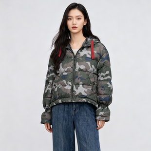 仅一件ABLE 潮流羽绒外套 JEANS女士白鸭绒羽绒服迷彩宽松连帽冬装