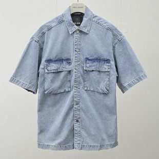 大口袋短袖 ABLE 牛仔衬衫 做旧水洗休闲翻领工装 衬衣 JEANS男女同款