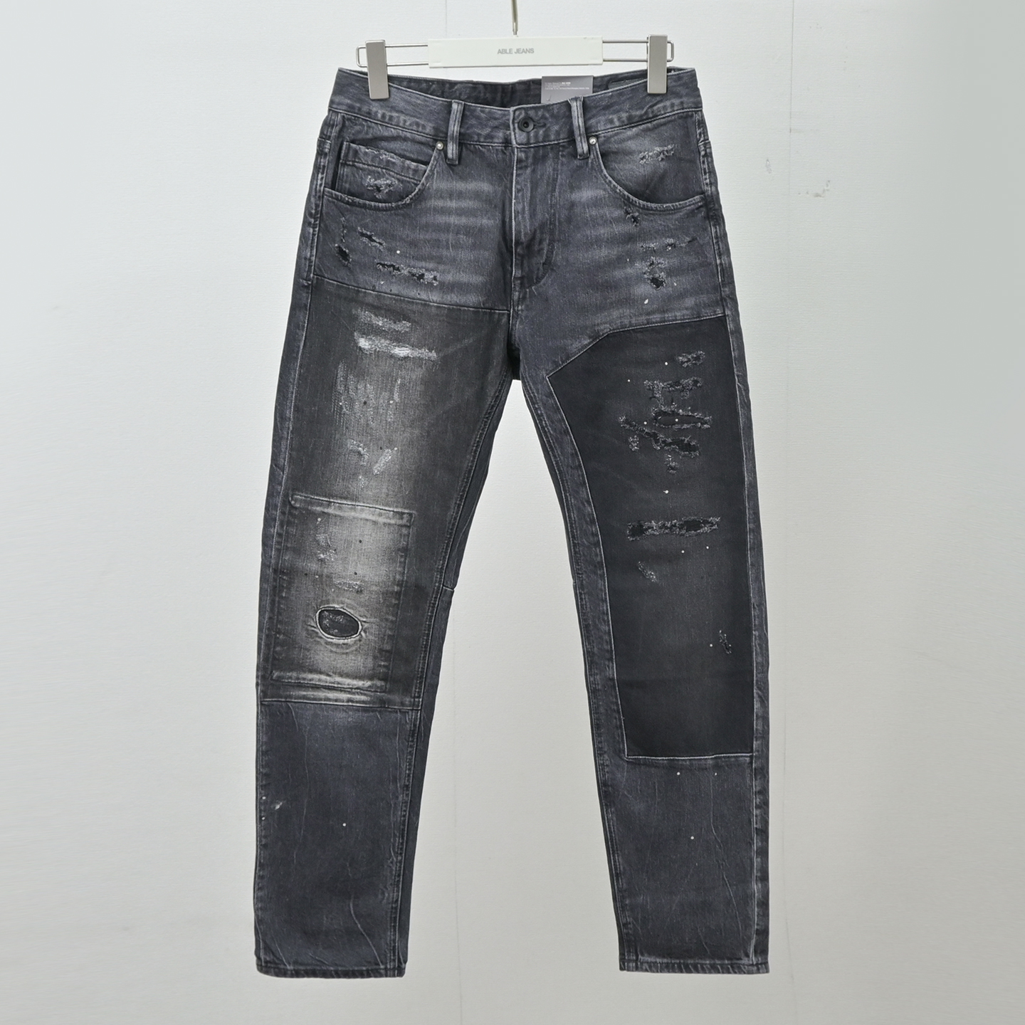 秋冬解构风超帅牛仔裤ABLE JEANS男黑灰牛仔裤拼色拼接宽松大V裤