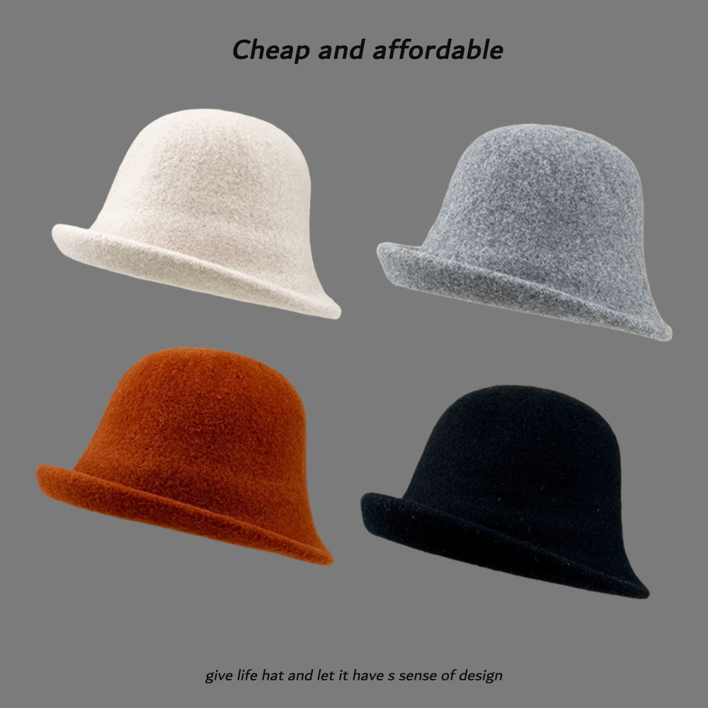 羊毛呢盆帽女复古圆顶卷边渔夫帽