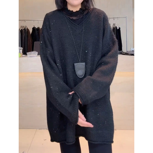 休闲中长款亮片黑色毛衣女2026秋季外穿遮屁股上衣宽松套头针织衫