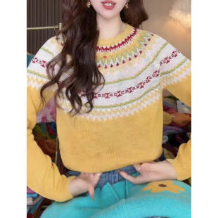 费尔岛风黄色毛衣女款秋季2026新款针织衫独特百搭打底衫休闲上衣
