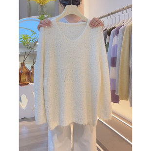 软糯慵懒风V领马海毛毛衣女秋冬新款水貂绒中长款针织打底衫上衣