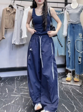 蓝色美式刺绣速干条纹工装裤女夏2026新款简约宽松显瘦直筒阔腿裤
