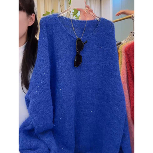 秋冬新款高级感蓝色亮片毛衣女慵懒风宽松中长款时髦针织衫上衣潮