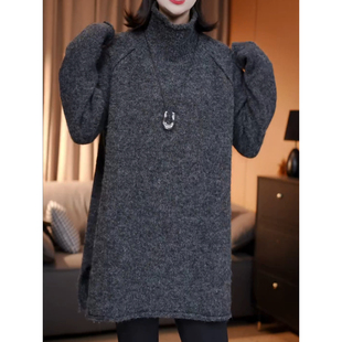 灰色羊毛衫女高领加厚中长款开叉宽松慵懒风针织毛衣羊毛打底衫女