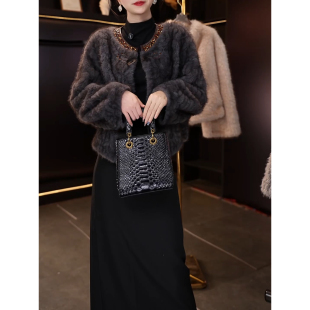 镶钻短款 水貂绒皮草大衣外套女开衫 高腰小个子卡腰 秋冬装 2025新款