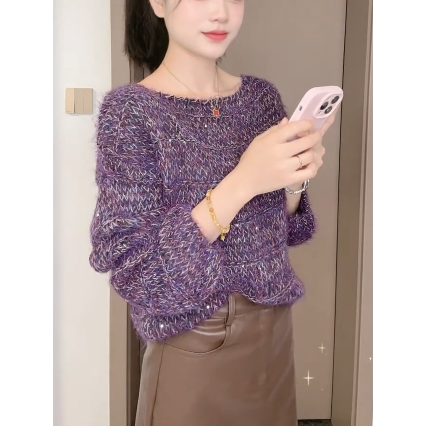 氛围感亮片套头针织上衣女25秋季新款灯笼袖慷懒风宽松毛衣毛衫女