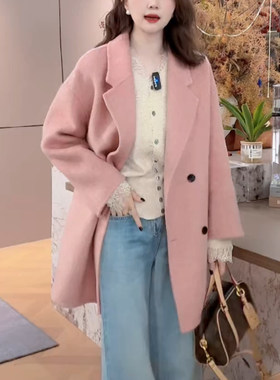 毛呢外套女双排扣呢子中长款大衣