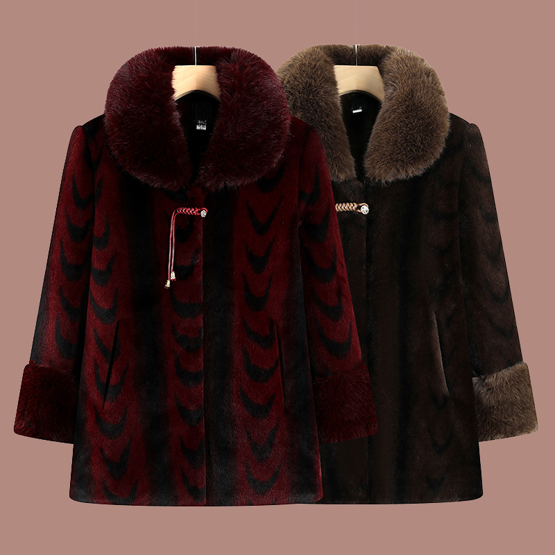 妈妈秋冬季新款仿水貂绒外套高档奶奶冬装大衣女中老年人加厚棉衣