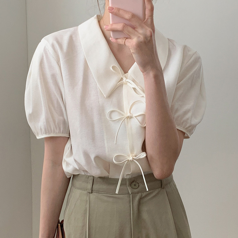 Minimalist niche Lapel lace up bow design loose solid bubble sleeve shirt