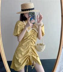 Fat mm new drawstring pleated V-neck bubble sleeve pearl short sleeve dress women's Hong Kong style French high waist A-line skirt