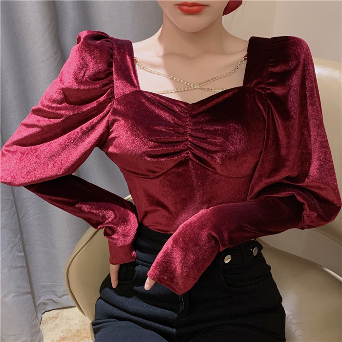 Large size women's velvet with bottom coat, women's new slim fit and foreign style bubble long sleeve T-shirt in autumn and winter