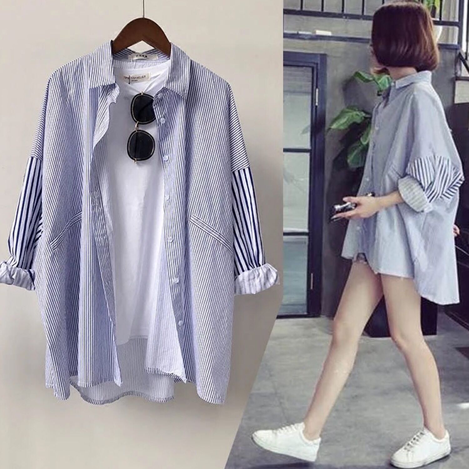 Striped shirt women's middle long sleeve large size student versatile loose Han Fan boyfriends' coat