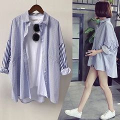 Striped shirt women's middle long sleeve large size student versatile loose Han Fan boyfriends' coat